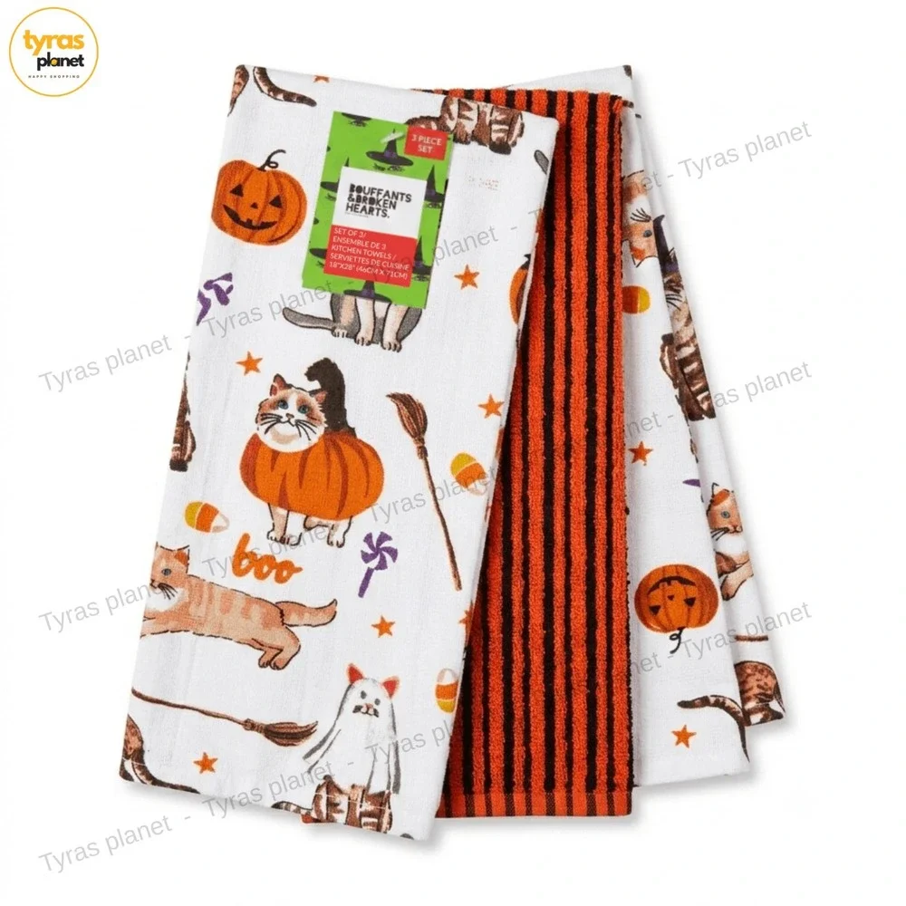 Bouffants And Broken Hearts 3pc Cats Pumpkins Kitchen Towels NWT